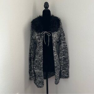 Elegant Black and Gray Cardigan with Faux Fur Trim